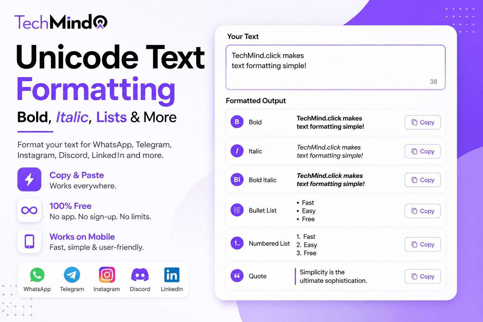 Unicode Bold, Italic & List Formatting for WhatsApp, Telegram and More - Free Online Generator Unicode Bold, Italic & List Formatting for WhatsApp, Telegram and More - Free Online Generator